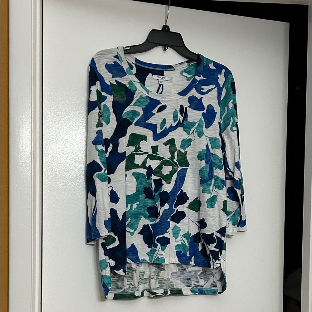 Chico’s Green and Blue Floral-Print Long Sleeve Top